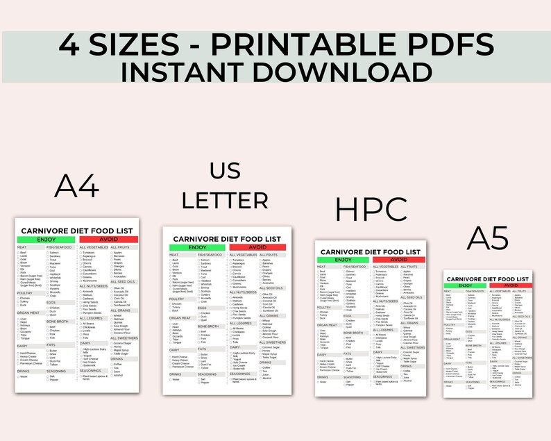 May include: Printable Carnivore Diet Food List in four sizes: A4, US Letter, HPC, and A5. The list is divided into two columns, "Enjoy" and "Avoid", with a variety of food items listed under each category.