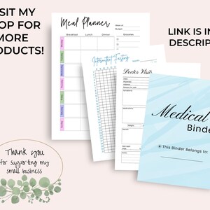May include: A printable medical binder with a light blue cover and the text "Medical Binder" in black cursive font. The cover also includes the text "This Binder Belongs to:" in black text. The binder includes pages for meal planning, intermittent fasting, and doctor visits.