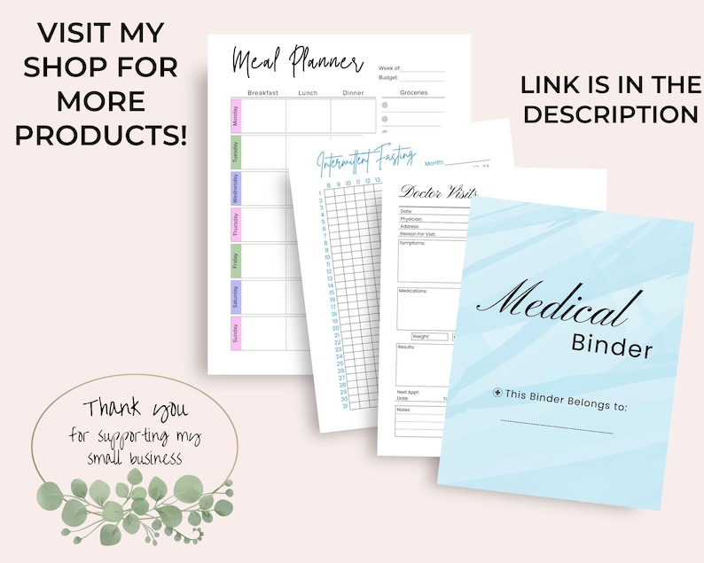 May include: A printable medical binder with a light blue cover and the text "Medical Binder" in black cursive font. The cover also includes the text "This Binder Belongs to:" in black text. The binder includes pages for meal planning, intermittent fasting, and doctor visits.
