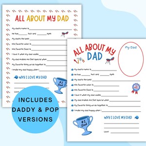 Todo sobre mi papá imprimible, Cuestionario del Día del Padre, Idea de regalo de cumpleaños de papá, Recuerdo del Día del Padre, Acerca de mi papá preescolar, A4/Carta
