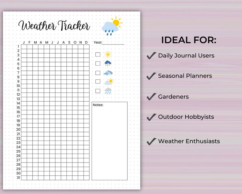 Weather Tracker Printable: Yearly Weather Log, Journal Page, A5 Planner ...