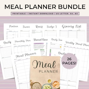 Puede incluir: Un conjunto de páginas imprimibles para planificar comidas con títulos como «Proteína», «Lista de la compra» y «Diario». El paquete incluye una portada con las palabras «Meal Planner» y el texto «26 PAGES!». El banner superior dice «MEAL PLANNER BUNDLE».