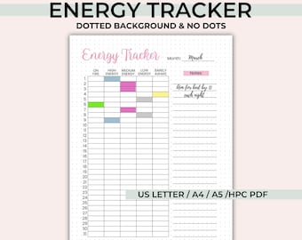 May include: A printable energy tracker for the month of March. The tracker has a dotted background and is divided into columns for energy levels: on fire, high, medium, low, and barely awake. The tracker also includes a notes section and a reminder to aim for bed by 11 each night.