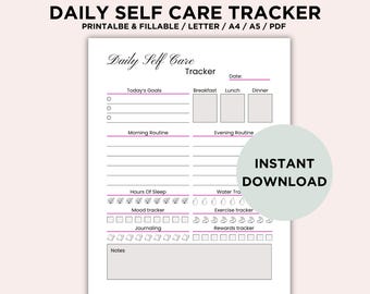 Editable Daily Self Care Tracker - Printable Self Care Planner - Self Care Journal Page - Self Care Checklist - Wellness Planner
