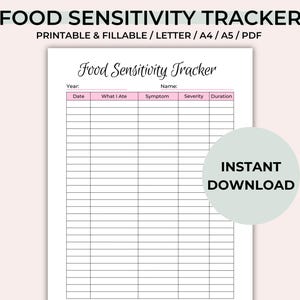 May include: Printable food sensitivity tracker with columns for date, what you ate, symptom, severity, and duration. The tracker is in black and white with pink headings.