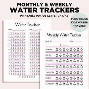 Water Tracker Printable, Monthly Weekly Water Challenge, Hydration Tracker, Water Tracker Sheet, Cute Water Tracker, Letter/A4/A5 PDF