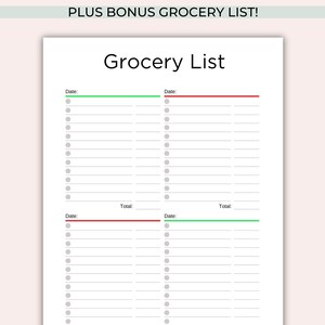 May include: A printable grocery list template with two columns, each with a section for date, a list of items, and a total. The list is divided into two sections, each with a different colored line at the top.