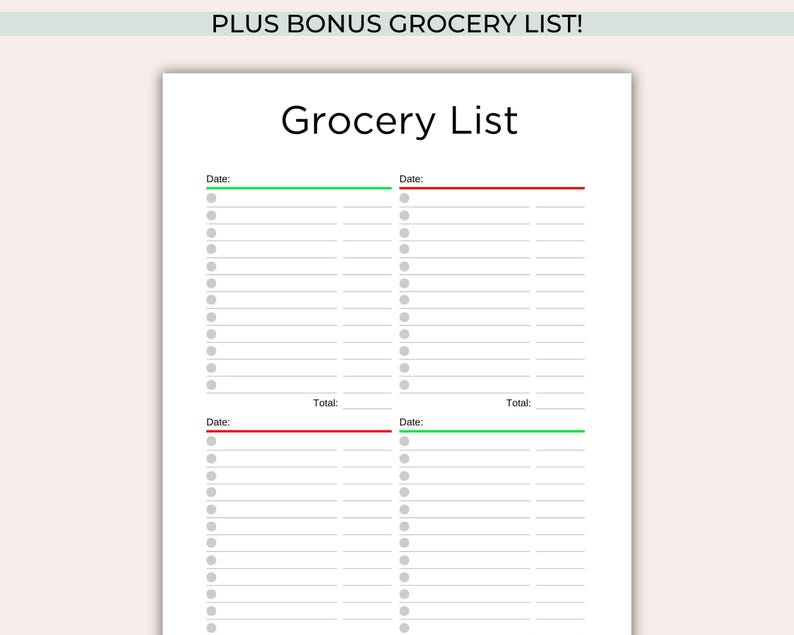 May include: A printable grocery list template with two columns, each with a section for date, a list of items, and a total. The list is divided into two sections, each with a different colored line at the top.