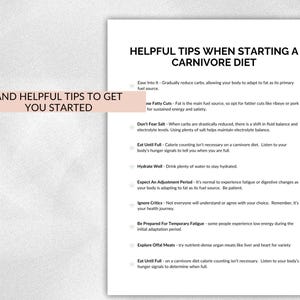 May include: A white paper with the title "Helpful Tips When Starting a Carnivore Diet" and a list of tips. The paper also includes the text "And Helpful Tips to Get You Started" in a pink banner.