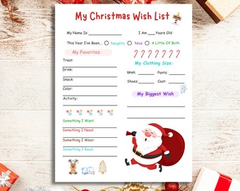 Kids Christmas Wish List Printable, Holiday Wish List, Xmas Wishlist, Christmas Wish List For Children, Santa Wish List