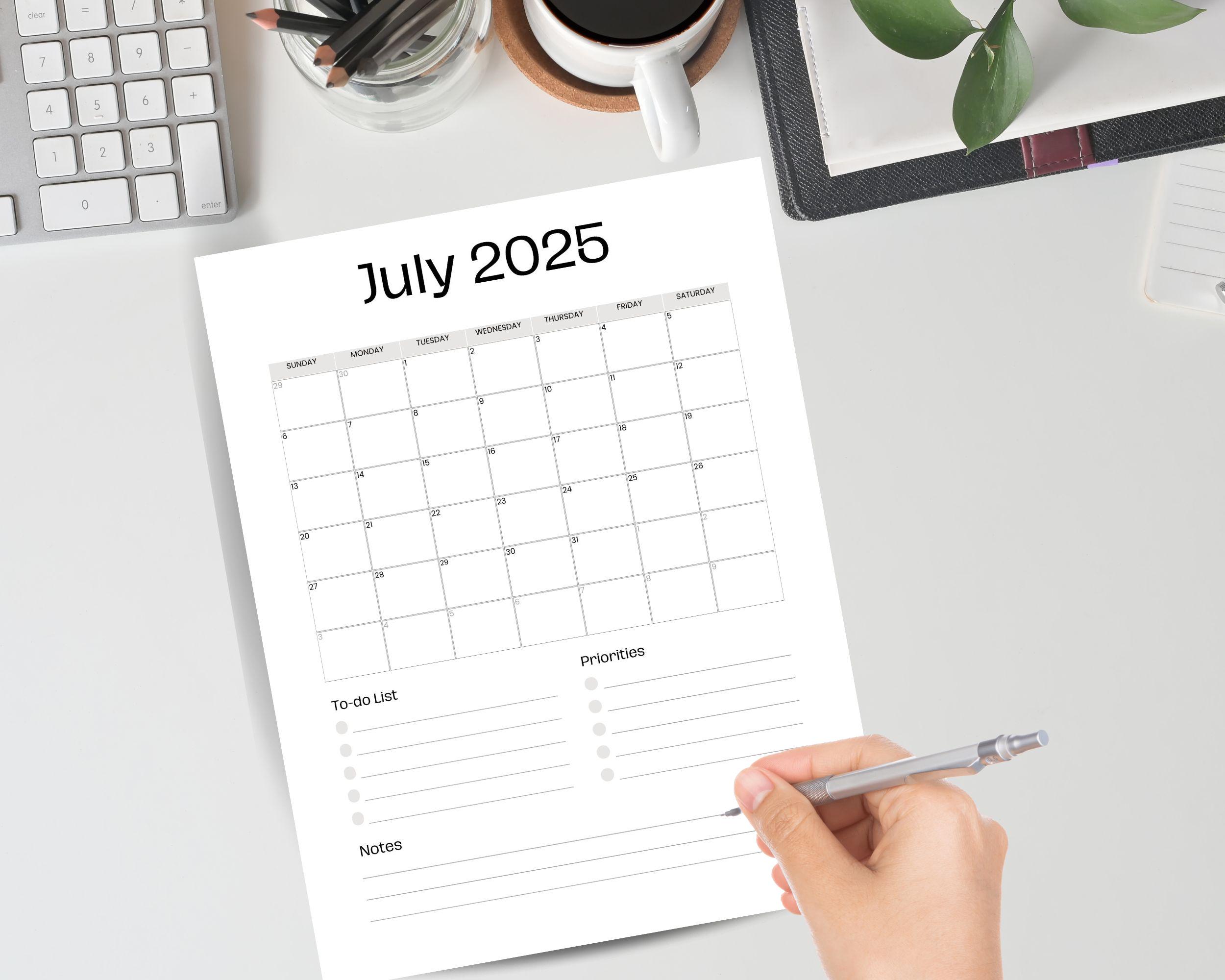 July 2025 Calendar Printable, 2025 Monthly Planner, Printable Calendar