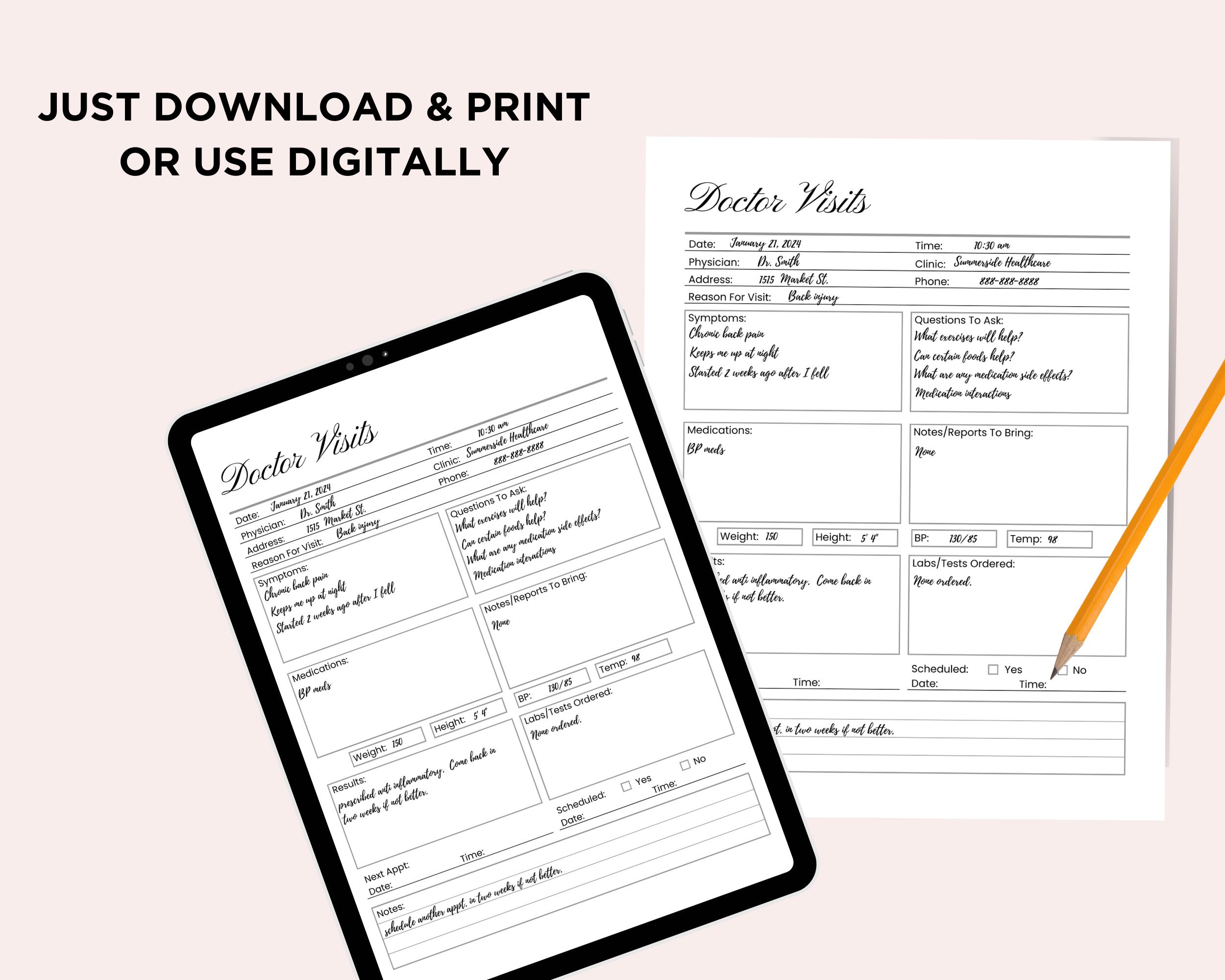 Doctor Visit Tracker Editable, Doctor Notes Printable, Medical Records ...