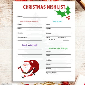 Lista de deseos de Navidad imprimible, Lista de deseos de vacaciones para niños y adultos, Lista de deseos de Navidad, Lista de deseos de Navidad para niños, Lista de deseos de Santa