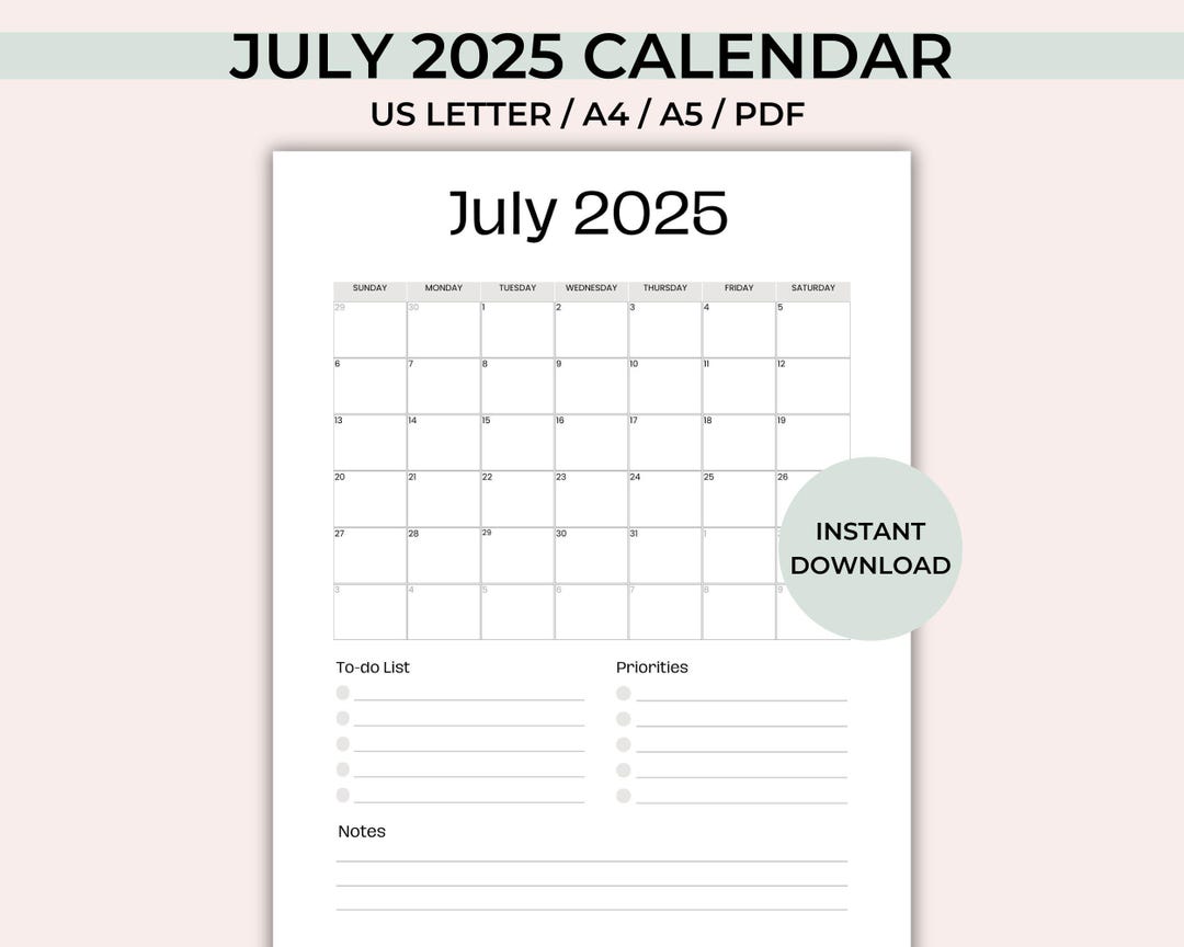 July 2025 Calendar Printable, 2025 Monthly Planner, Printable Calendar