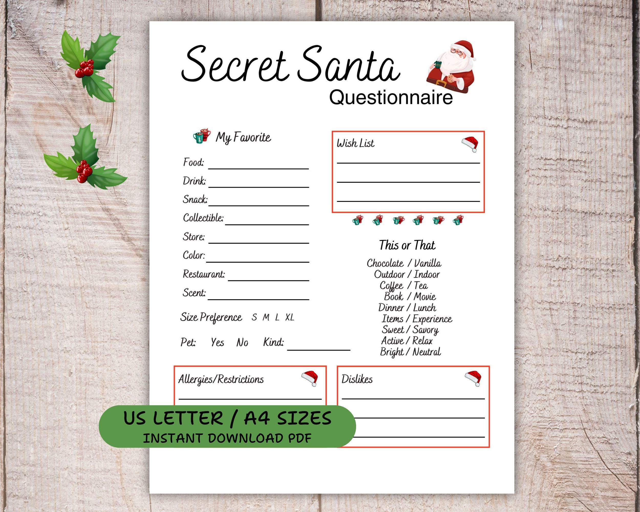 Secret Santa Questionnaire Printable Secret Santa Ideas Secret Santa