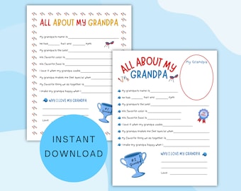 All About My Grandpa Printable, Father’s Day Gift for Grandpa, Reasons I Love My Grandpa Keepsake, Grandparent’s Day, Father’s Day Activity