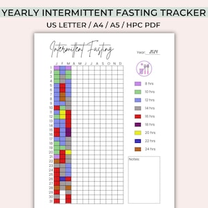 Peut inclure: Un suivi de jeûne intermittent annuel imprimable, avec une grille pour suivre les heures de jeûne quotidiennes. Il comprend un code couleur pour les périodes de jeûne de 8 à 24 heures. Le texte "Yearly Intermittent Fasting Tracker" est en haut.