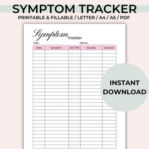 Editable Symptom Tracker - Printable Symptom Log - Journal Page - Chronic Pain - Symptom Frequency Tracker, US Letter A4 A5 PDF