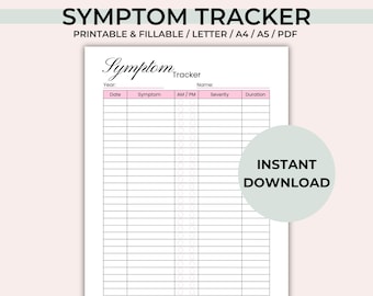 Editable Symptom Tracker - Printable Symptom Log - Journal Page - Chronic Pain - Symptom Frequency Tracker, US Letter A4 A5 PDF