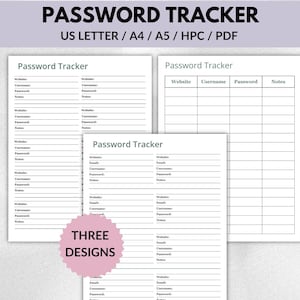 Password Tracker Printable, Login Organizer, US Letter, A4, A5, HPC PDF