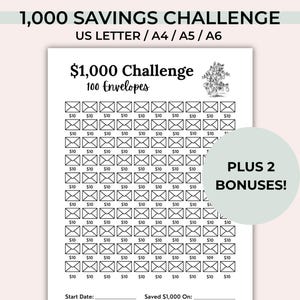 1000 Envelope Savings Challenge Printable, 100 Envelope Savings, Envelope Tracker, 1000 Money Savings, 1K Savings Tracker, 1K Challenge