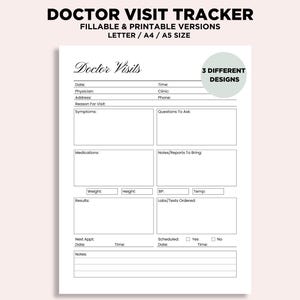 Seguimiento de visitas al médico editable, notas del médico imprimibles, registros médicos, registro de citas médicas, plantilla para completar, A4/A5/carta PDF