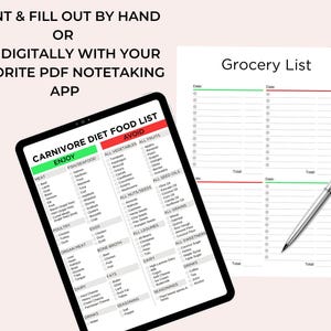 May include: A printable carnivore diet food list with a grocery list checklist. The carnivore diet food list includes sections for foods to enjoy and foods to avoid. The grocery list has sections for two different dates with checkboxes for each item.