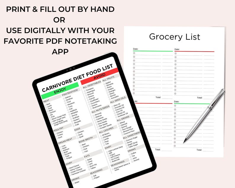 May include: A printable carnivore diet food list with a grocery list checklist. The carnivore diet food list includes sections for foods to enjoy and foods to avoid. The grocery list has sections for two different dates with checkboxes for each item.