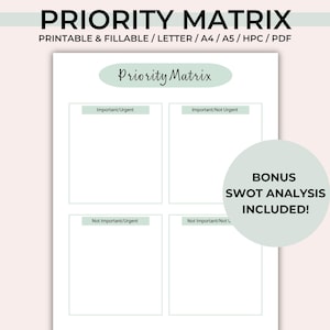 Editable Priority Matrix Planner - Printable Decision Matrix - Eisenhower Matrix - Task Analysis - SWOT Analysis - Time Management Tool