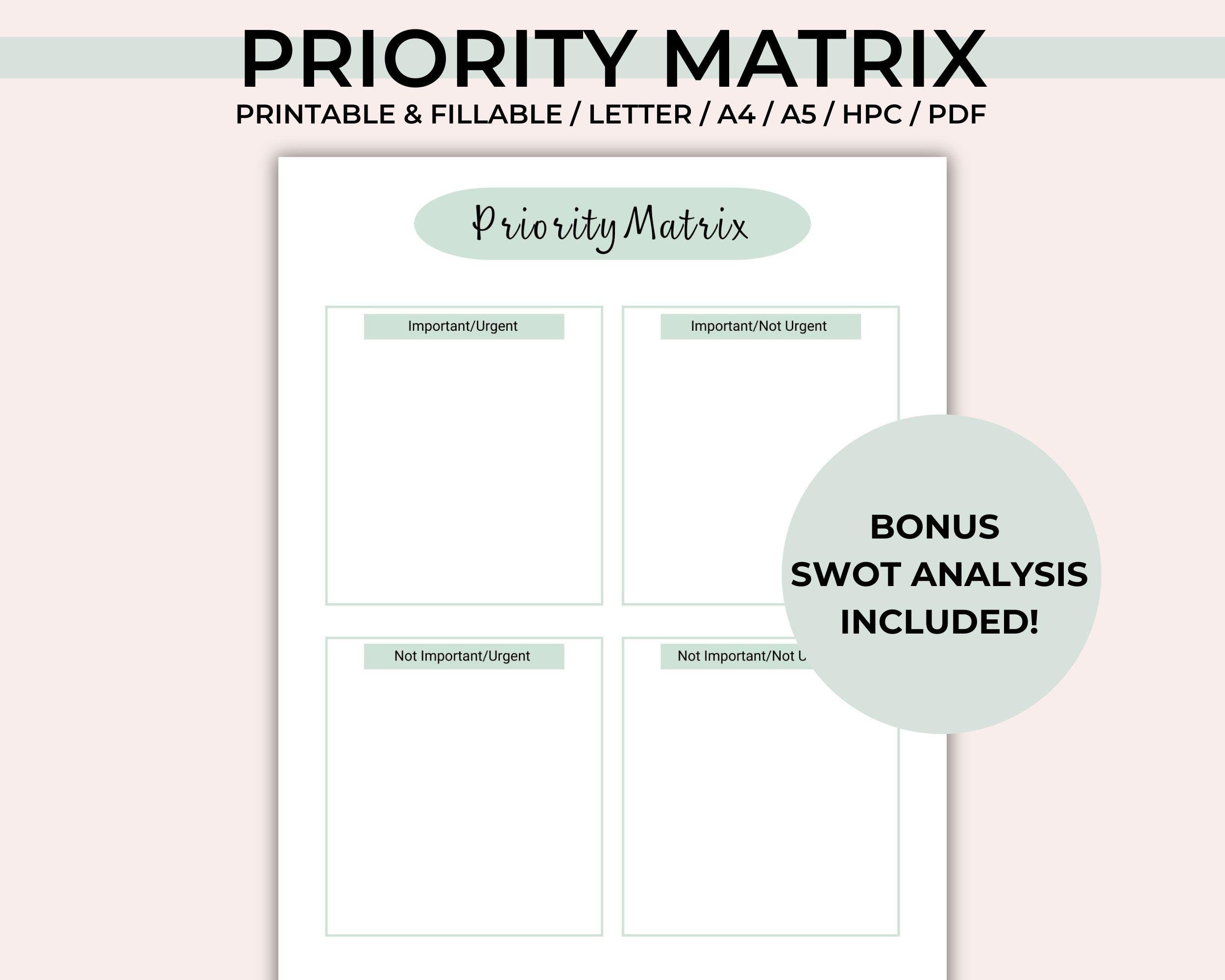 Editable Priority Matrix Planner - Printable Decision Matrix - Eisenhower Matrix - Task Analysis - SWOT Analysis - Time Management Tool