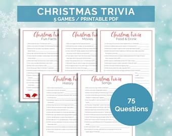 May include: Printable Christmas trivia game with 5 different categories: Fun Facts, Movies, Food & Drink, History, and Songs. The game has 75 questions in total.