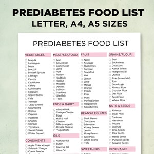 May include: A green and white printable checklist of foods for people with prediabetes. The list is divided into categories: Vegetables, Meat/Seafood, Fruit, Grains/Flour, Eggs & Dairy, Beans/Legumes, Nuts & Seeds, Oils, Condiments, Sweeteners, and Beverages.