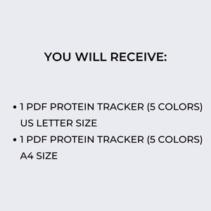 Puede incluir: Texto que dice "YOU WILL RECEIVE:" seguido de dos vi&ntilde;etas. La primera vi&ntilde;eta dice "1 PDF PROTEIN TRACKER (5 COLORS) US LETTER SIZE". La segunda vi&ntilde;eta dice "1 PDF PROTEIN TRACKER (5 COLORS) A4 SIZE".