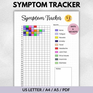 May include: A printable symptom tracker titled "Symptom Tracker". It features a grid for recording symptoms, a colour-coded key for different symptoms, and a space for notes. Available in US Letter, A4, and A5 PDF formats for easy printing.