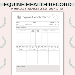 Puede incluir: Formulario de registro de salud equina imprimible con secciones para vacunación, visitas veterinarias, pruebas Coggins, desparasitación, cuidado dental y herraje. El formulario también incluye espacio para notas especiales.