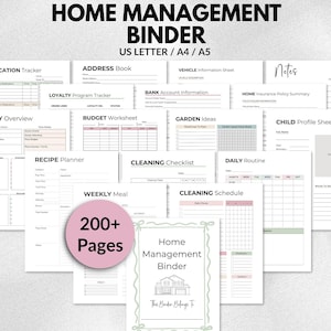May include: A home management binder featuring printable pages for various tasks, such as medication tracking, budgeting, and cleaning schedules. The binder contains over 200 pages and is available in US Letter, A4, and A5 sizes.
