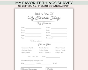 My Favorite Things Printable - Getting To Know You Questionnaire - All About Me Survey - Team Building