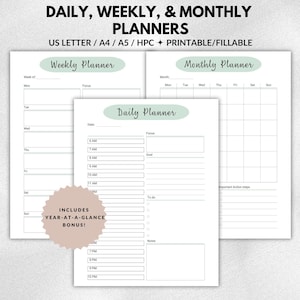 Daily Weekly Monthly Planner Printable Bundle, Editable Work Day Organizer, Letter/A4/A5/HPC