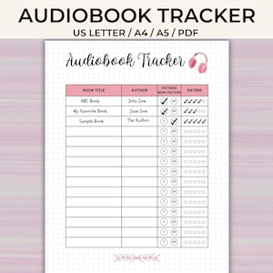 Könnte beinhalten: Ein druckbarer rosa-weißer Hörbuch-Tracker mit dem Titel "AUDIOBOOK TRACKER" oben. Der Tracker enthält Abschnitte für Buchtitel, Autor, Fiktion/Sachbuch und Bewertung. Der Text "US LETTER / A4 / A5 / PDF" ist ebenfalls enthalten.