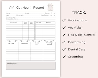 Cat Health Record Printable, Pet Health and Grooming Tracker