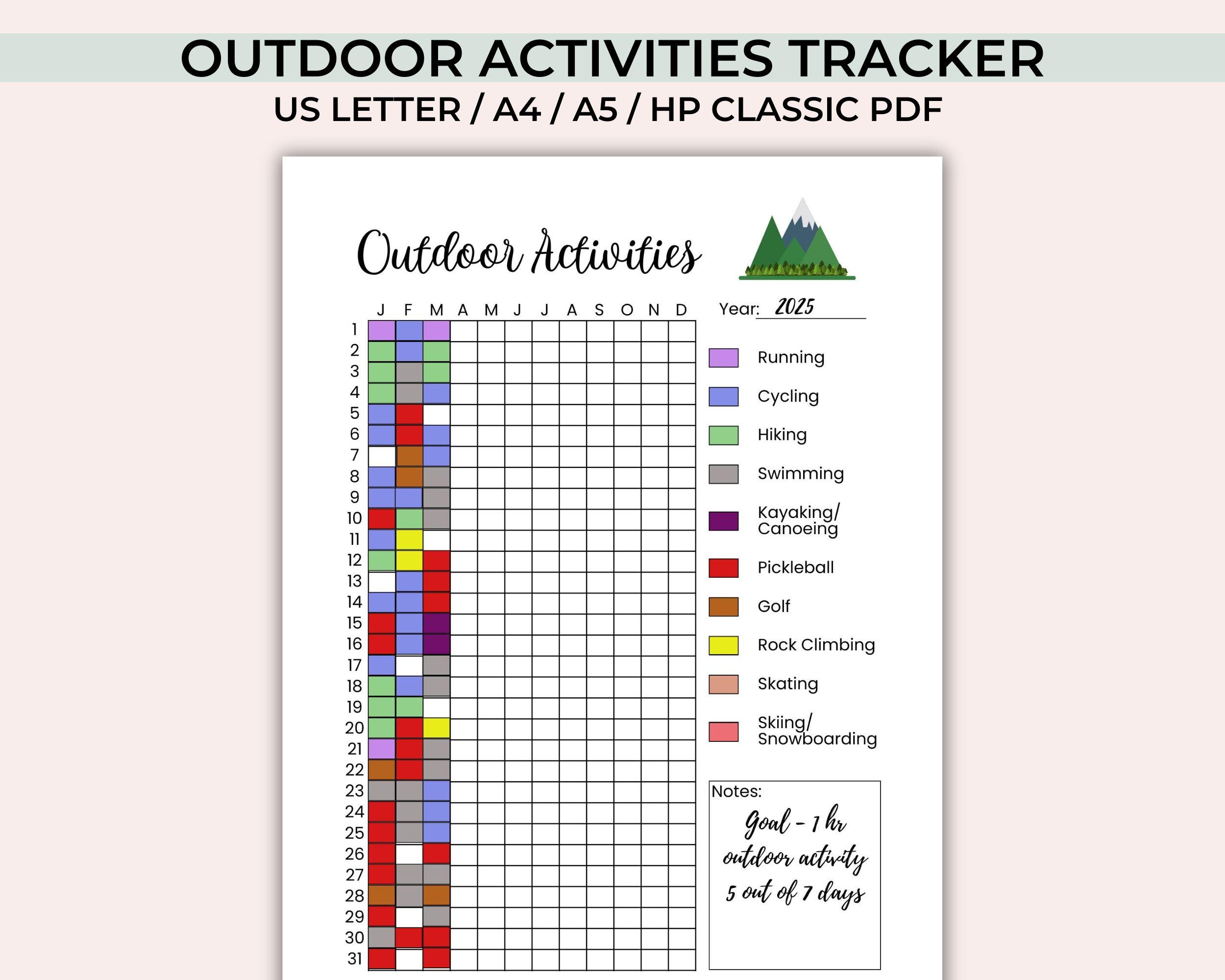 Outdoor Activities Tracker Printable: Yearly Adventure Journal Page ...