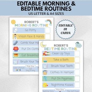 以下が含まれることがあります： Robert's Morning RoutineとRobert's Bedtime Routineと題された2枚の印刷可能なルーチンチャート。各チャートには、日々のタスクを示すアイコンとテキストが並ぶカラフルな行、チェックボックス、およびカスタマイズ用のEditable in Canvaと記されたセクションが含まれています。