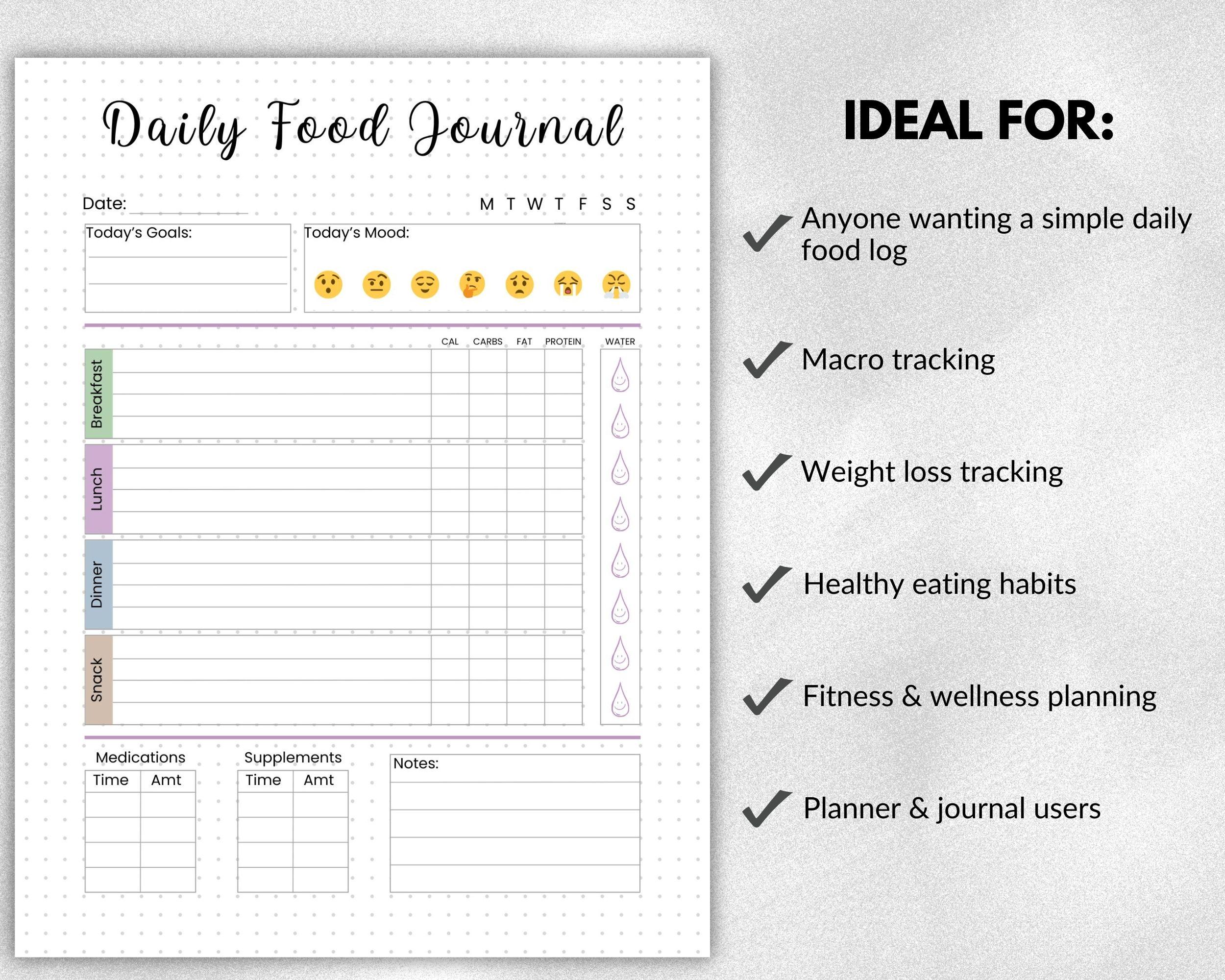 Daily Food Journal, Printable Journal Page, Food Diary, Diet & Calorie ...