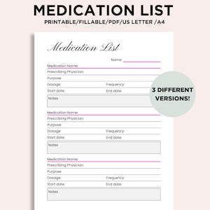 Lista de medicamentos editable e imprimible, cuadro de medicamentos, hoja de medicamentos, registro de medicamentos, registro de recetas, lista de medicamentos, medicamentos, formato PDF Carta/A4