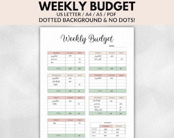 Pode incluir: Um planejador de orçamento semanal imprimível com fundo pontilhado. O planejador inclui seções para cada dia da semana, com espaços para rastrear os valores ganhos e gastos. O texto "Weekly Budget" está no topo.