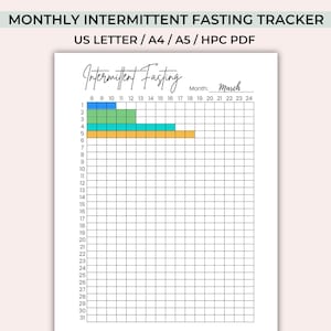 May include: A white printable monthly intermittent fasting tracker with a grid for tracking daily fasts. The title reads "Monthly Intermittent Fasting Tracker" and includes the text "US Letter / A4 / A5 / HPC PDF". The tracker is for the month of March.
