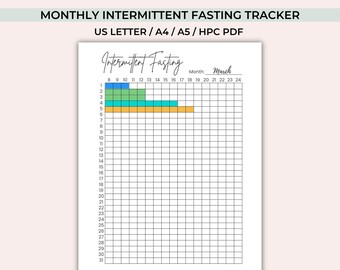 Monthly Intermittent Fasting Tracker Printable - Journal Page - Food Intake Tracker - 16/8 Fasting - Fasting Schedule - Fasting Planner