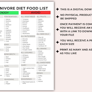 May include: A printable Carnivore Diet Food List with a black and white design. The list is divided into two columns: "Enjoy" and "Avoid". The "Enjoy" column lists foods that are allowed on the Carnivore Diet, while the "Avoid" column lists foods that are not allowed. The list includes categories for meat, fish/seafood, poultry, eggs, organ meat, bone broth, dairy, fats, seasonings, and drinks.