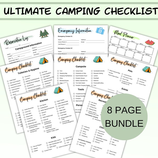 Camping Checklist, Edible Camping Planner, Camping Reservation Log, Printable Camping Packing List, Gift For Camper, Camping Trip Meal Prep