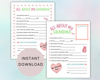 All About My Grandma Printable, Mother’s Day Gift for Grandma, Reasons I Love My Grandma Keepsake, Grandparent’s Day, Mother’s Day Activity
